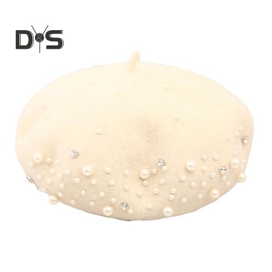 Baskenmütze für Damen, Kunstperlen, Strass-Dekor, Vintage-Wollmütze im englischen Stil, ohne Krempe, einfarbig, verstellbare Träger, Kürbismütze