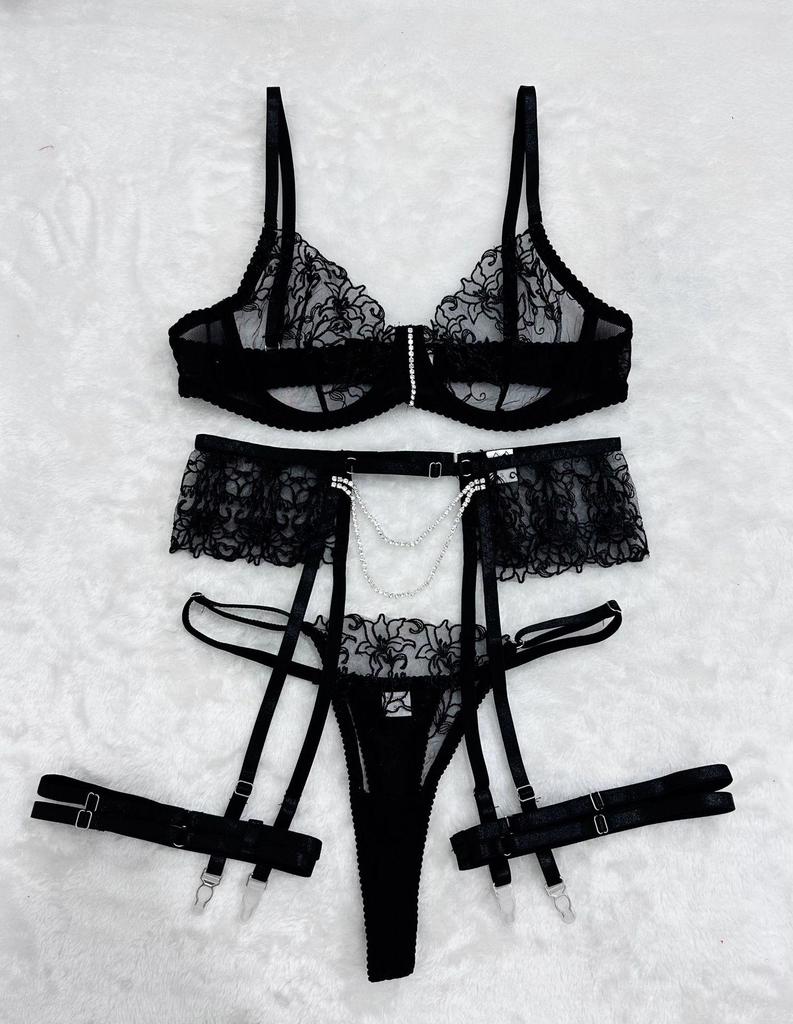 Metal Chain Floral Embroidered Mesh Lingerie Set for Women