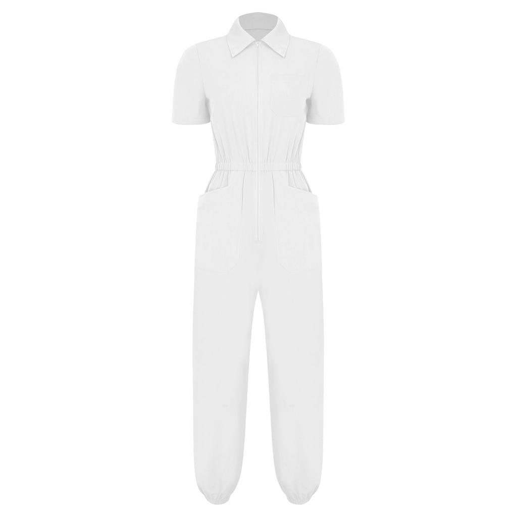 Damen Kurzarm Chirurgenanzug Mehrere Taschen Reißverschluss vorne Elastische Taille Jogginghose Medizinische Uniform