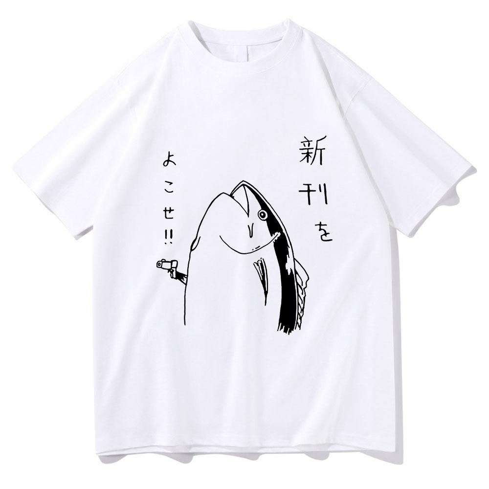 Harajuku Style Lovely Autumn All-purpose Top Fun Japanese Fish and Gun Design T-shirt Couples Unisex Cotton Design T-shirt