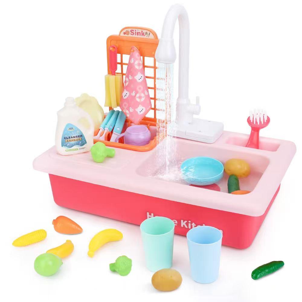 Kids Electric Kitchen Sink Toys With Running Water Pretend Play Dishwasher Fishing Toys Educational Role Play Gift For Girls