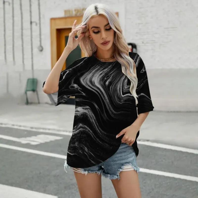 Women's V-neck T-shirt Retro Stripe Pattern Print T-shirt Fashion Women's Short Sleeved T-shirt 2024 Summer Leisure T-shirt