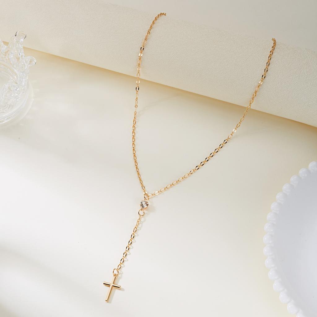 Vintage Gold Color Long Chain Cross Drop Necklaces for Women Simple Metal Geometric Bead Tassel Choker Aesthetics Jewelry Gifts