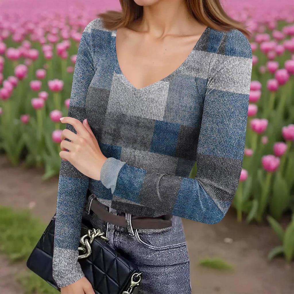 Women's Winter Slim-Fit Base Layer T-Shirt Fashionable Print V-Neck Pullover Long-Sleeved Top