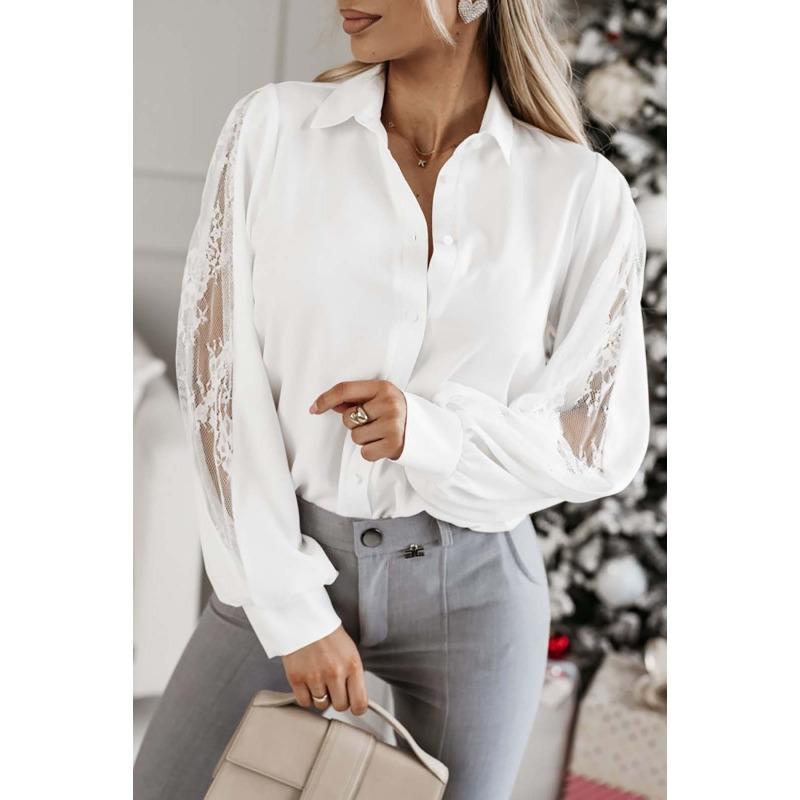 

Новая элегантная блузка с длинным рукавом и отложным воротником, с кружевной вставкой, для весны и осени S белый