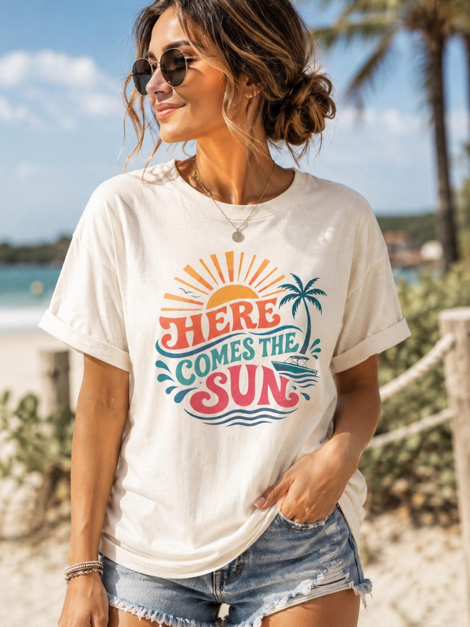 Retro Sunset Palm Tree Beach Shirt | Summer Vacation Graphic Tee 4XL