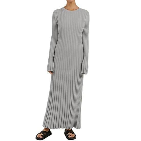 Women's Long Sleeve Ribbed Knitted Maxi Dress Crew Neck Bodycon Sweater Dress Elastic Slim Tie Waist Pencil Long Dress