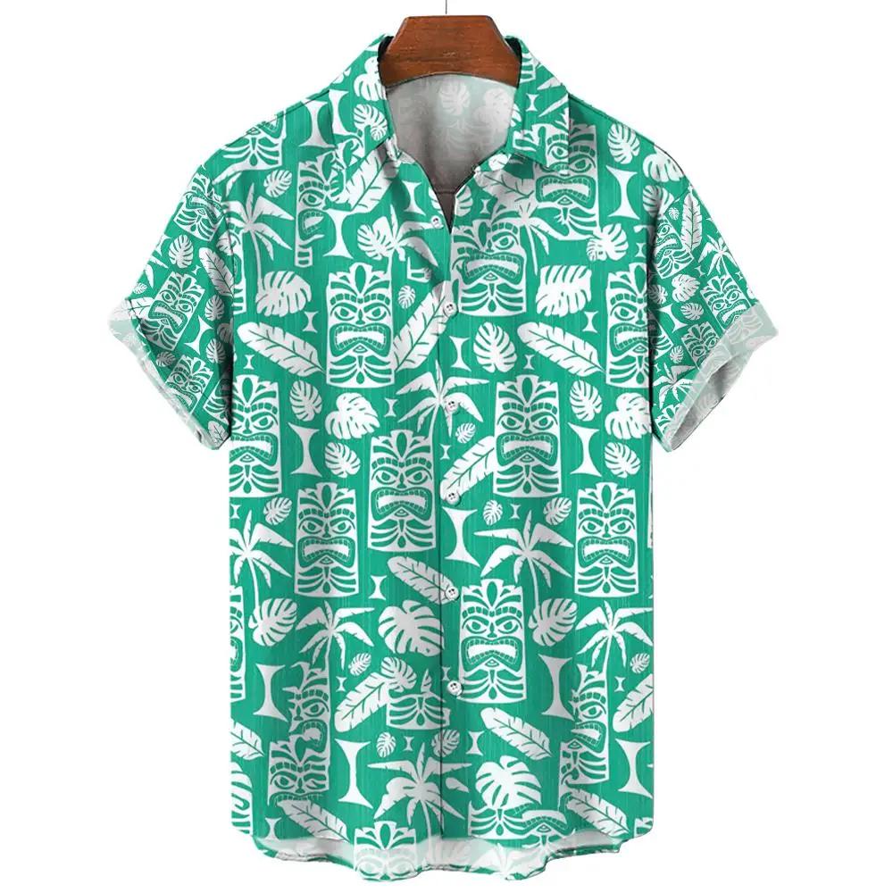 Hawaii Men's Shirt Tiki Pattern 3D Printed Tops Summer Fashion Holiday Casual ShirtShort Sleeves Shirts Lapel Button Streetwear