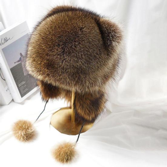 Raccoon Plush Hat with Ears Tail Design Windproof Thickened Winter Warm Plush Ear Protection Hat for Kid Adult