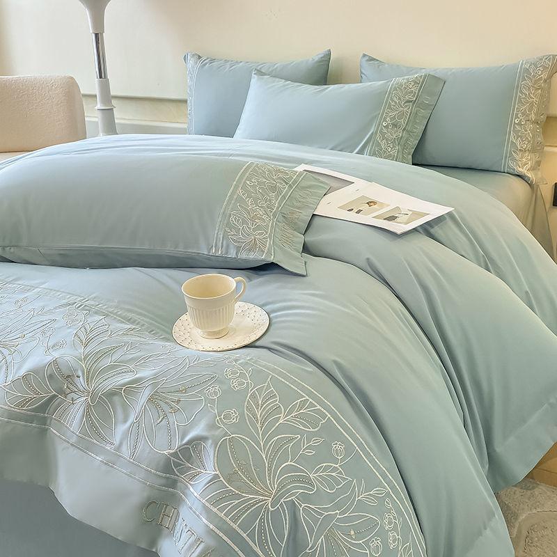 

Premium Sense Maternal and Infant Grade Class A 80 Long-staple Cotton 4pcs Quilt Cover Pure Cotton Sheet Light Luxury Embroidery Bedding 4 solid color single bed sheet