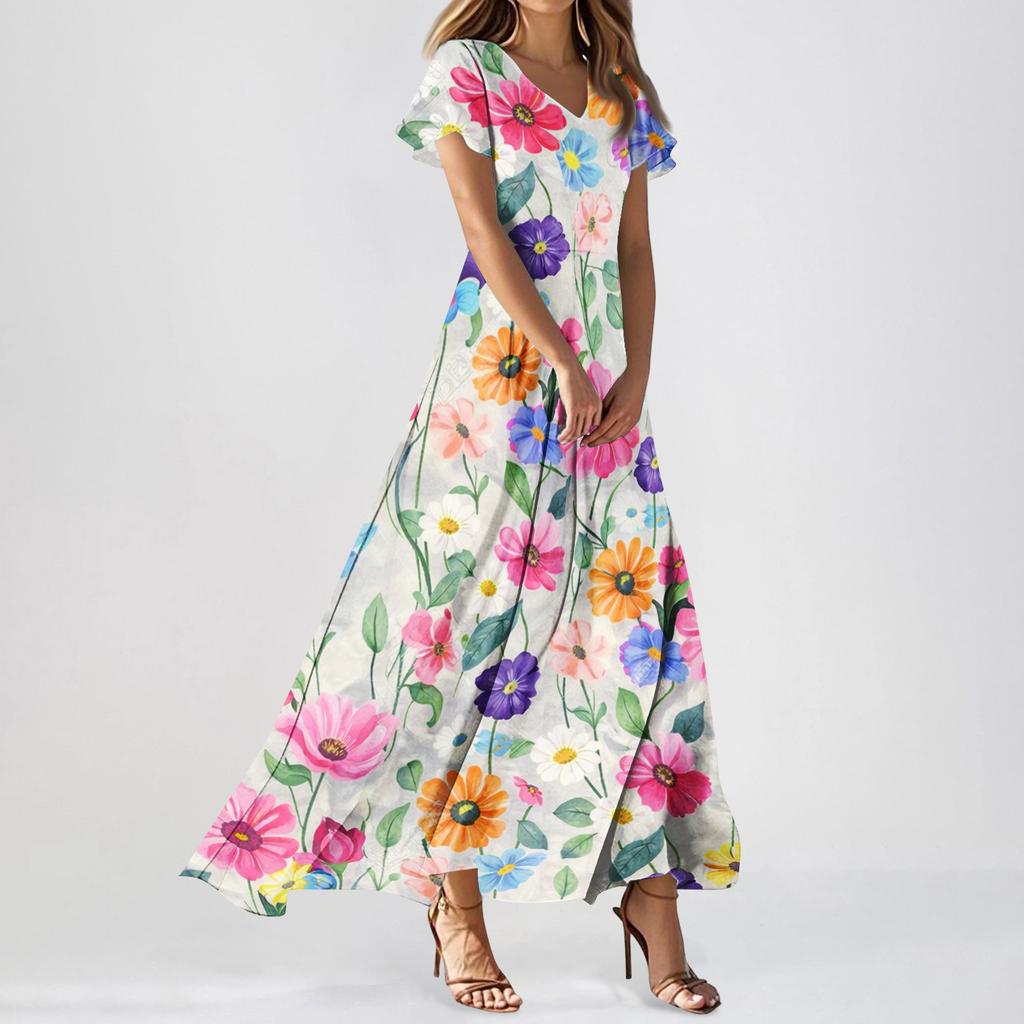 Women Casual Floral Print Maxi Dress V Neck Short Sleeve Lightweight Long Dress with Flowing Skirt for Everyday Wear