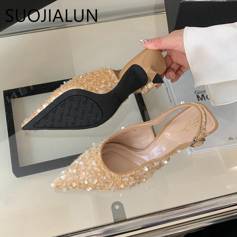 Fashion SUOJIALUN 2024 Summer New Brand Women Sandal Fashion Beads Ladies Slip On Slingback Sandals Thin High Ladies Elegant Pumps Shoes