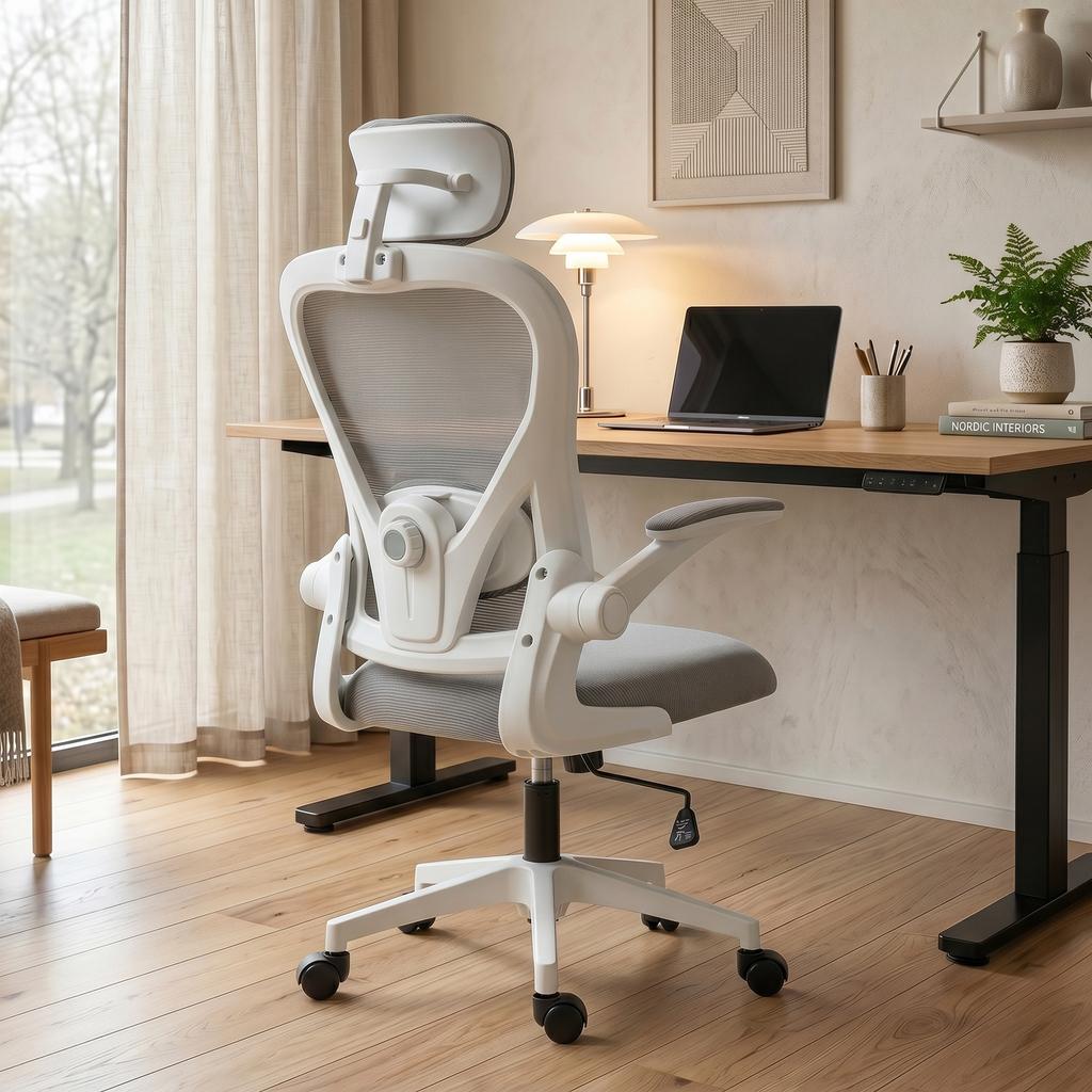 Office Chair Ergonomic Desk Chair with Flip-Up Armrests, Adjustable Lumbar Support Gray