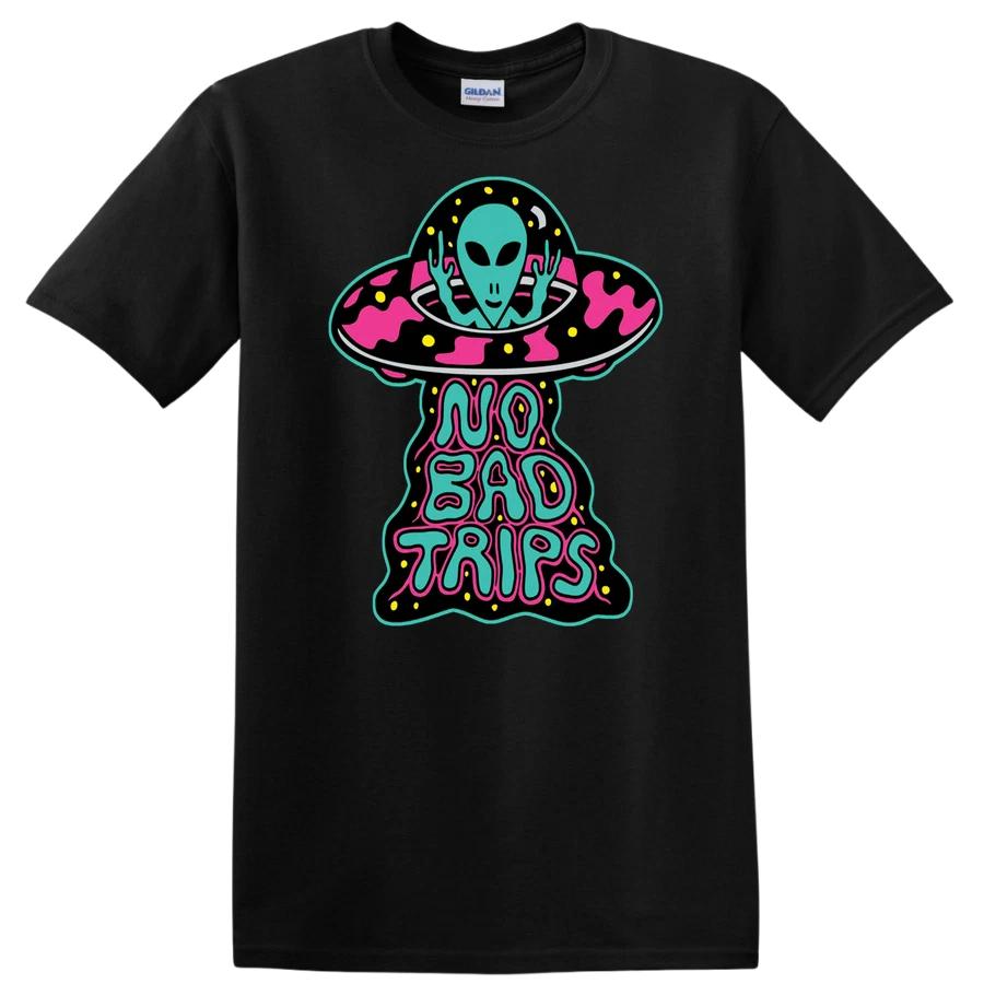 No Bad Trips Alien UFO Graphic T Shirt Retro Psychedelic Tee for Festivals XS