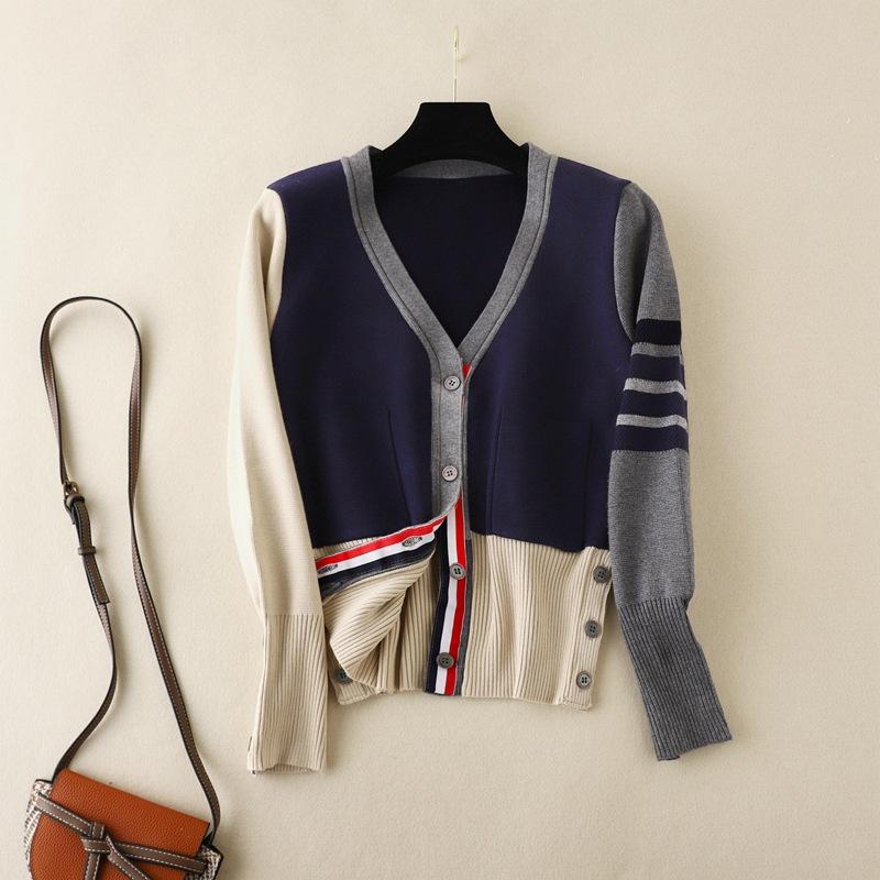 

Вязаный кардиган, женский весенне-осенний свитер с длинными рукавами и v-образным вырезом с цветными блоками One Size сапфир синий