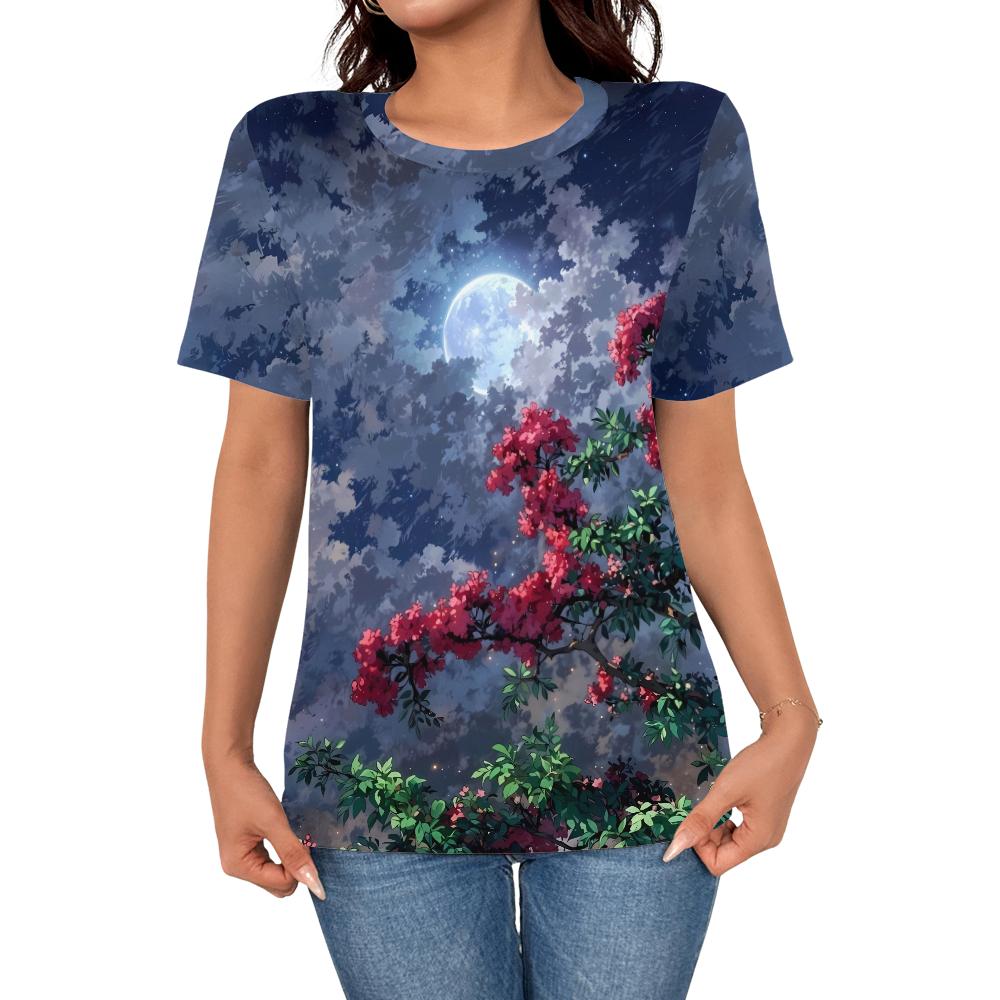 

Summer hot casual fashion women s cartoon night sky 3D printed short sleeved T-shirt women s elegant art top T-shirt S