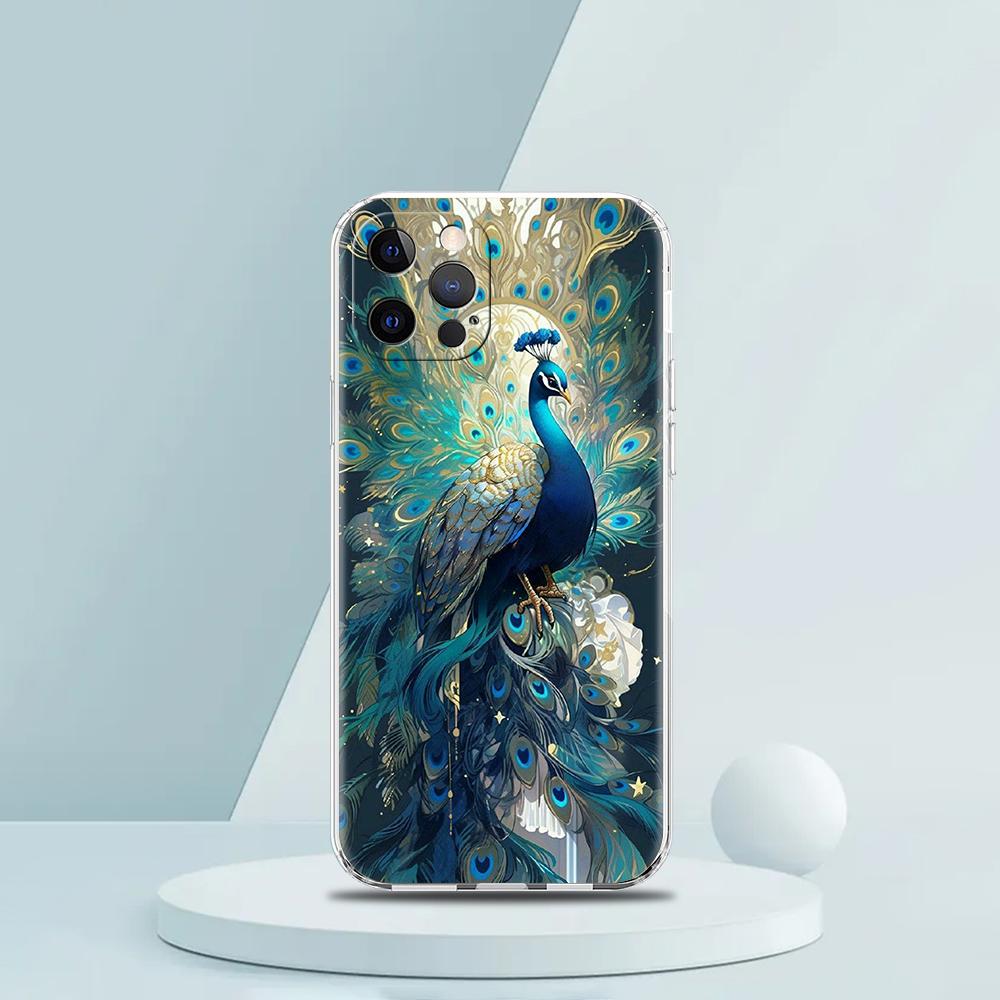 Soft TPU Transparent Phone Case Cover for iPhone 16 15 14 13 12 11 Pro Max XR 8 7 Plus XR Shell Animal Cute Peacock Pattern Bags