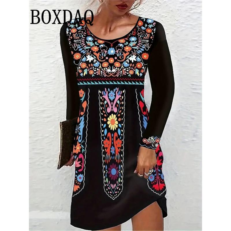 Autumn Winter Women Dresses Christmas Snowflake Print Dress Casual Party Clothing Long Sleeve Women's Loose