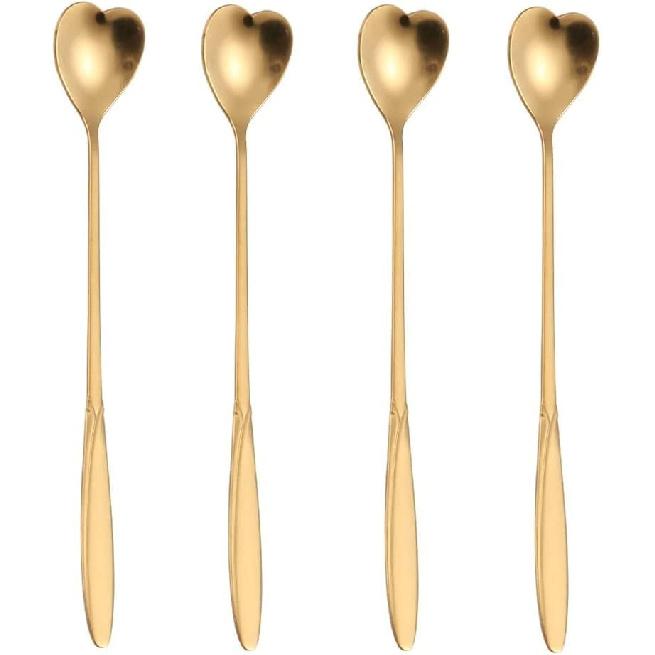 16-Piece Heart-Shaped Gold Stainless Steel 7-Inch Long Handle Coffee & Tea Spoon Set 4 Pieces Gold