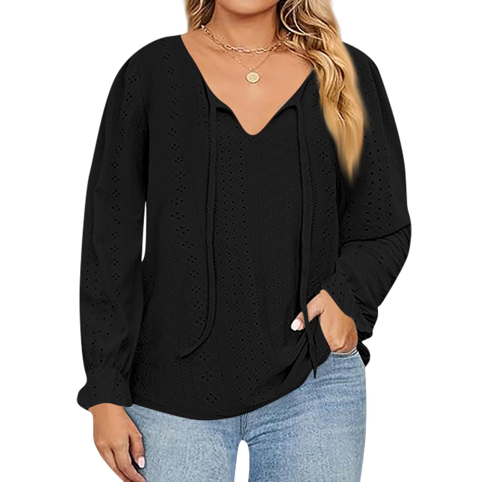 

Женская мода однотонный повседневный топ с V-образным вырезом и длинным рукавом XL чёрный