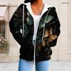 Women Plus Size Zip Up Hoodie Long Sleeve Butterfly Print Black Casual Sweatshirt With Pockets
