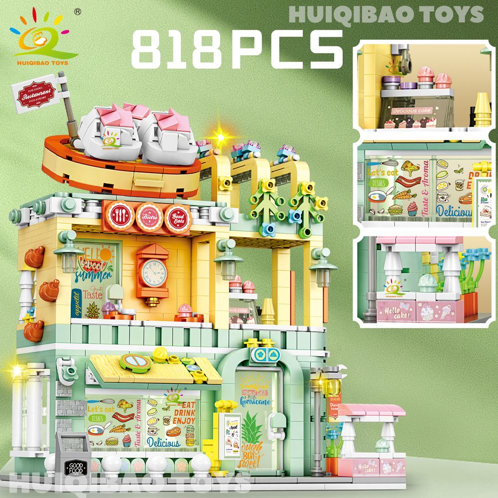 Stadtstraßenansicht Kaffee-Burger-Laden Hotel Modell Bausteine DIY Architektur Kommerzielle Straße Steine Spielzeug Erwachsener