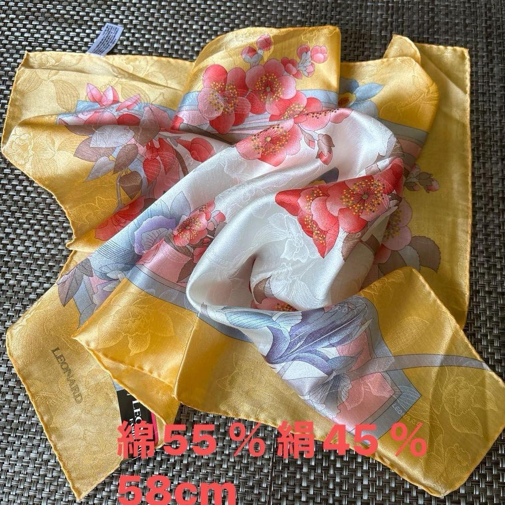 Used LEONARD Large Handkerchief Scarf Floral Pattern Yellowish 58cm