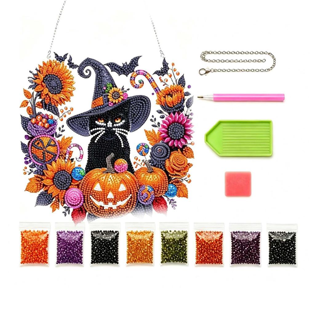Halloween 2D Flat DIY PET Diamond Art Pendant with Chain Crystal Rhinestone Art Pendants for Adults Gift Home Wall Window Decor