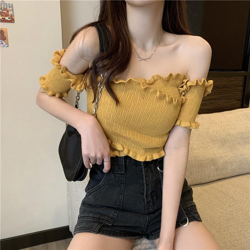 

Womens Cropped Off Shoulder Knit T Shirt Sexy Slim Fit Sleeveless Top One Size жовтий