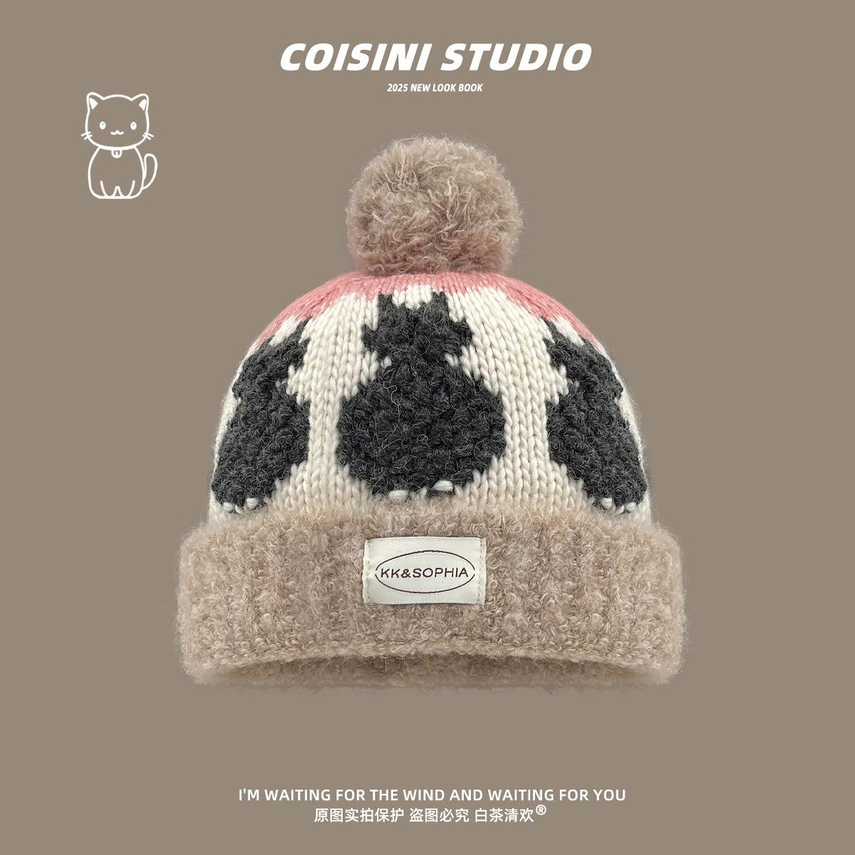 

Cute hairball kitten knitted wool hat children warm thickened versatile face small ear protector pullover hat one size fits all хакі