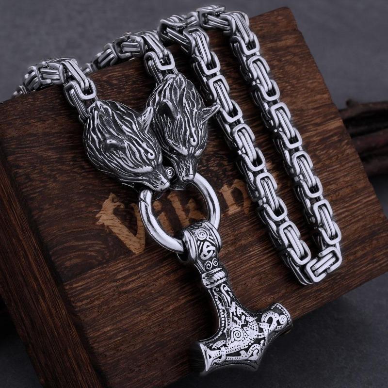 New High Quality Halloween Men's Viking Wolf Head Necklace Hammer Pendant Fashion Trend Necklace