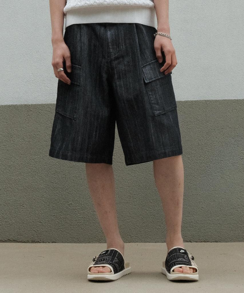 MINAV Wide Cargo Bermuda Denim Pants [Indigo Black]