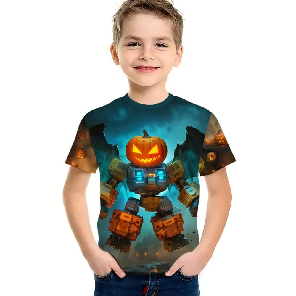 Rundhalsad 3D Robot & Pumpa Grafiskt Tryckta Kortärmade Barnpojks T-shirts - Mjuk Medium Stretch Polyestertyg Sommar Avslappnad Passform Kläder
