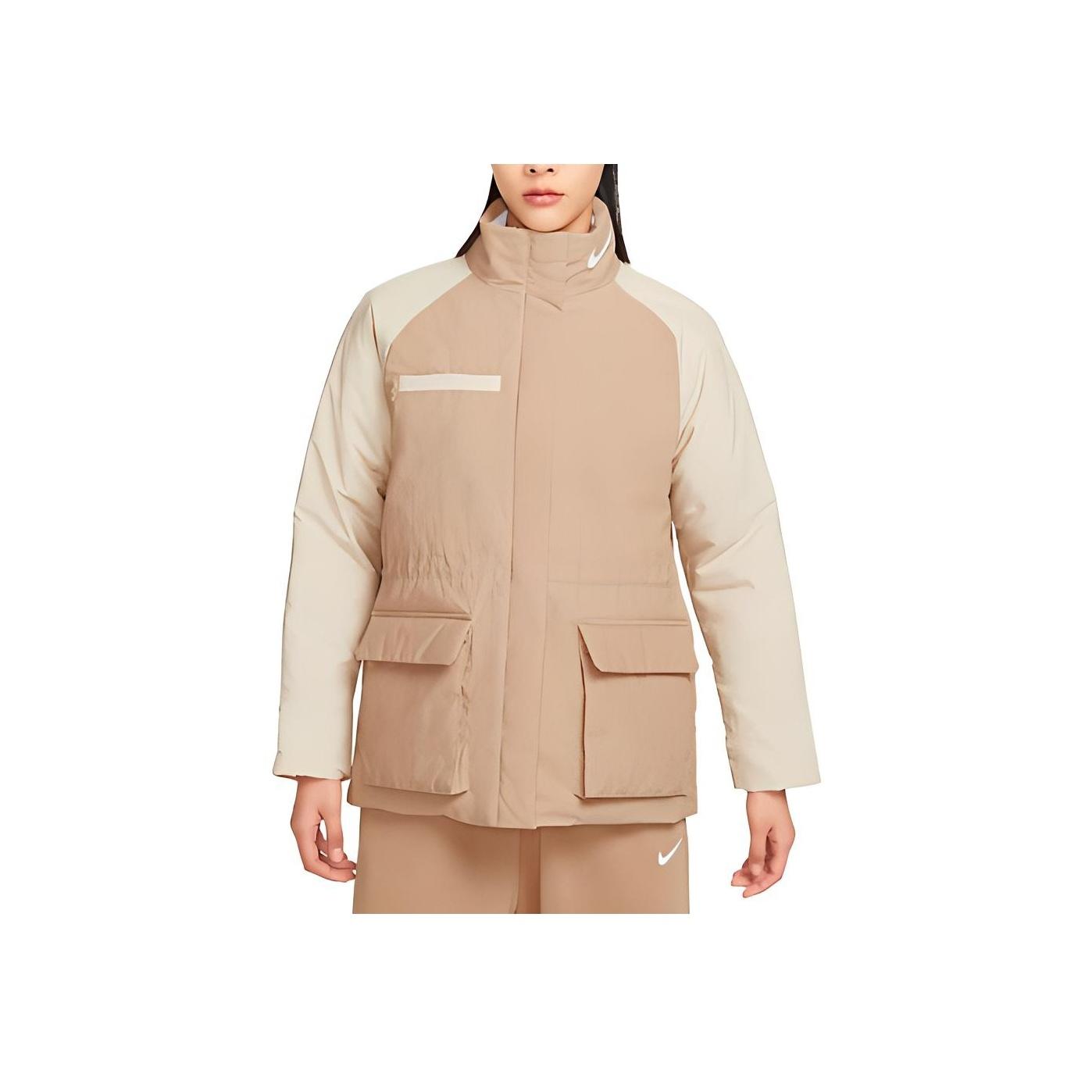 

Nike Короткая теплая хлопковая куртка с цветным блоком и воротником-стойкой на молнии, женские куртки бежевого цвета DQ6851-200 XL