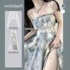 Retro Ink Painting Chest Wrap Dress With Suspender Women's 2025 Tea Break One-line Collar High-waist Sweet