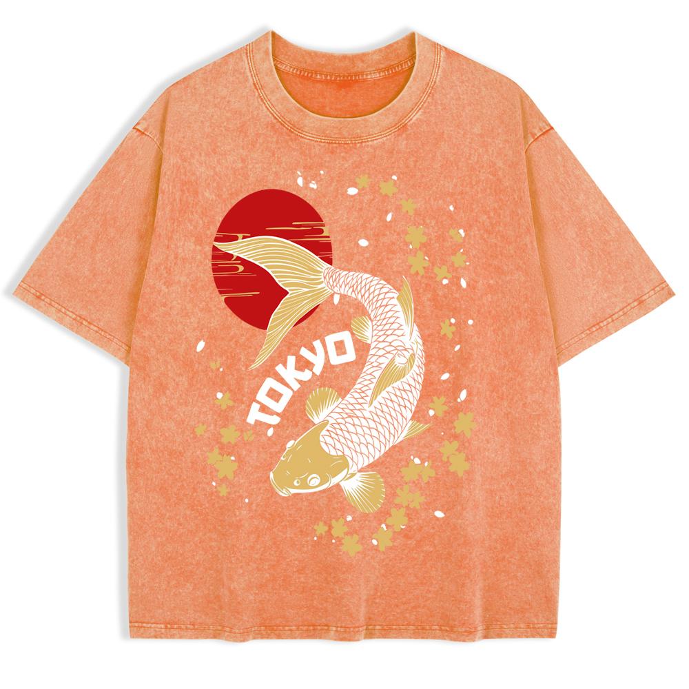 Japanese Koi Harajuku Printed Washed T-Shirts Mens Cotton Oversize T Shirt Casual O-Neck Short Sleeve Tops Summer Clothes