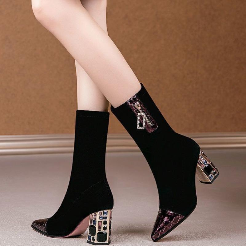 Elegant Heeled Pointed Toe Rhinestone Half High Boots for Women Autumn Winter Black Fashion Large Size Warm Mid Calf Shoes Woman