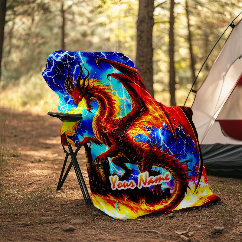 1PC Custom Name "Electric Dragon's Flame" Outdooor Flannel Blankets Patterns Throw Blanket All-Season Soft Gift for Couch, Bed, Camping Gifts