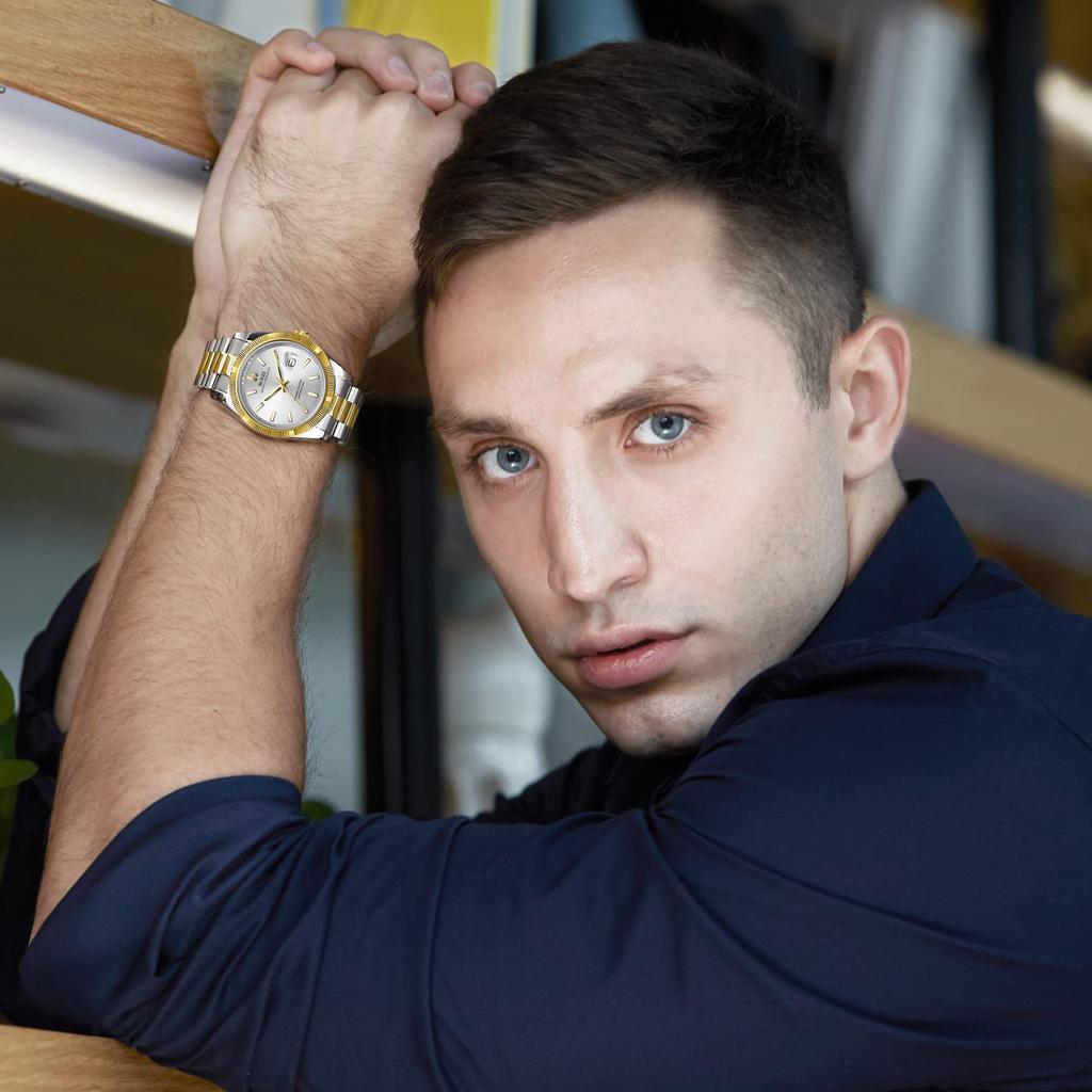 BUREI Men's Waterproof Quartz Analog Watch, Simple and Popular for Business and Fashion, Silver and Gold Luminous Finish, Perfect As a Birthday Gift