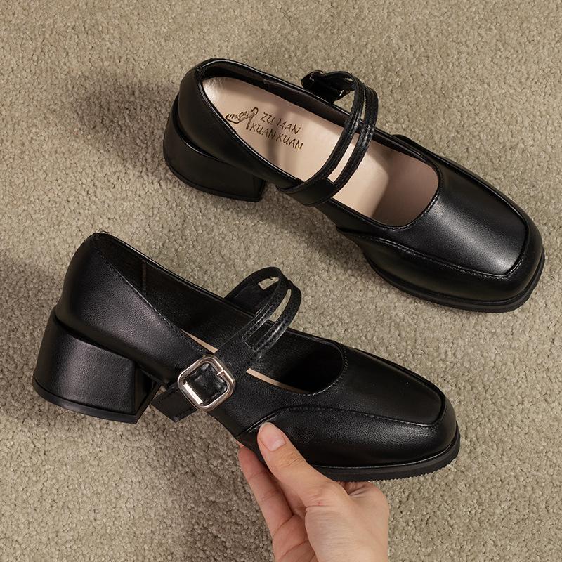 

Mary Jane black small leather shoes women s autumn new round head versatile with skirt retro thick heel single shoes 35 чёрный
