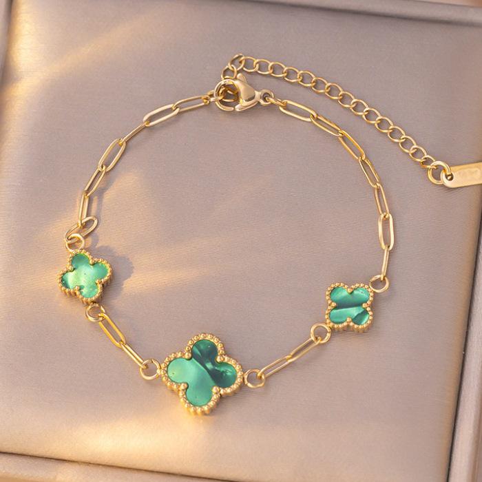 18K Light Luxury Titanium Steel Clover & Triple-Flower Bracelet with Mother-of-Pearl for Women