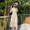 Korean Version of Vacation Style Horn Sleeves Chiffon V-neck Dress Women's Summer Waist Thin Straps Floral A Word Medium and Long Dress