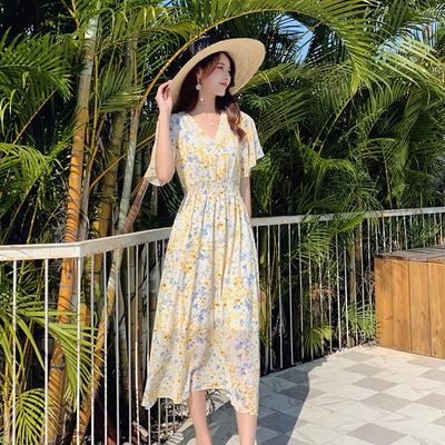 Korean Version of Vacation Style Horn Sleeves Chiffon V-neck Dress Women's Summer Waist Thin Straps Floral A Word Medium and Long Dress