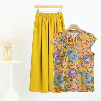 Women's Summer Cotton Silk National Style Short Sleeve Long Pants Plate Set Loose New Chinese Western Style Large Size Artificial Cotton Two Piece Set
