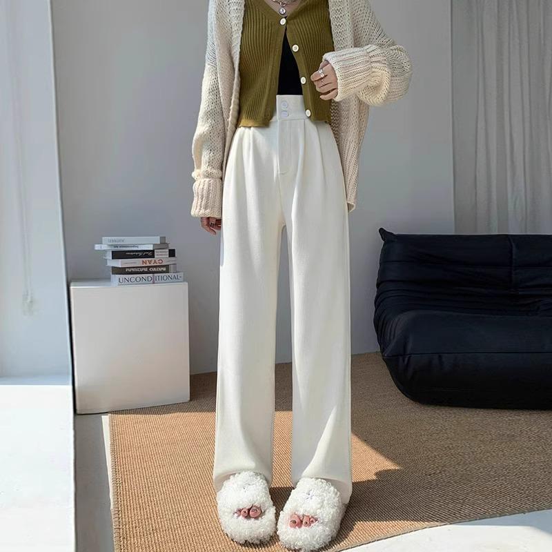 Women's White Corduroy Wide-Leg Pants with Velvet Lining, Petite Fit, Straight Leg - Autumn/Winter.