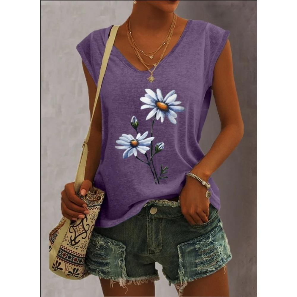 Summer Women 5 Color Ladies Fashion Floral Print Casual Tank Top Loose Sleeveless Tank Top V Neck Female T Shirt