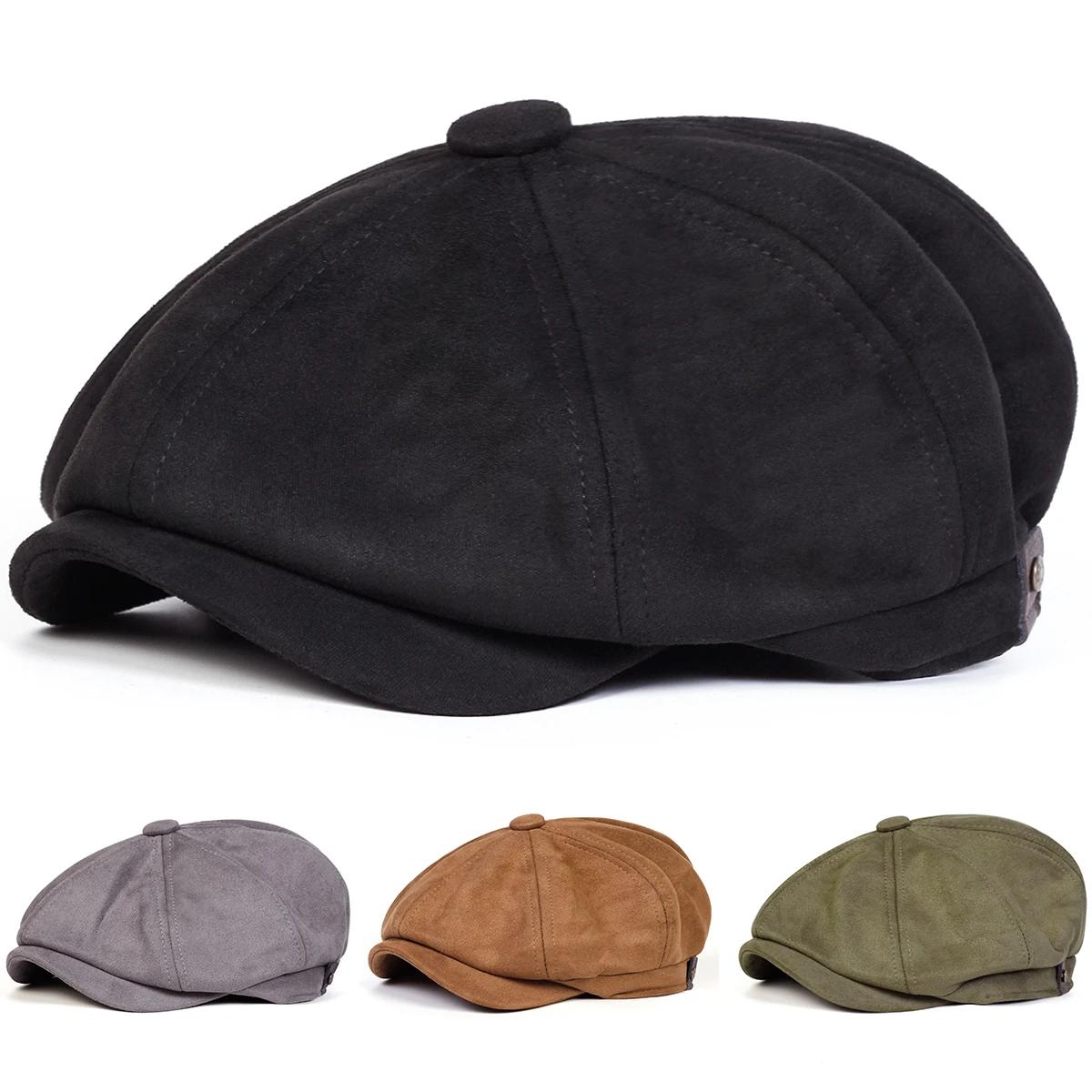 Yiran Bag Men's Unisex Suede Solid Color Newsboy Caps British Painters Hats Autumn Winter Berets Flat Peaked Cap Hip Hop Berets