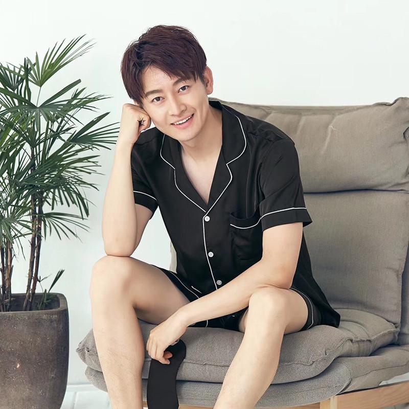 Men's Summer Satin Pajama Set: Short Sleeve & Shorts, Lapel Cardigan, Solid Color, Lightweight Silk Simulation.