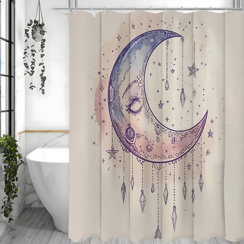Moon Pendant Blue and Purple Shower Curtain, Bathroom Decorative Shower Curtain, Waterproof Shower Curtain with Hooks