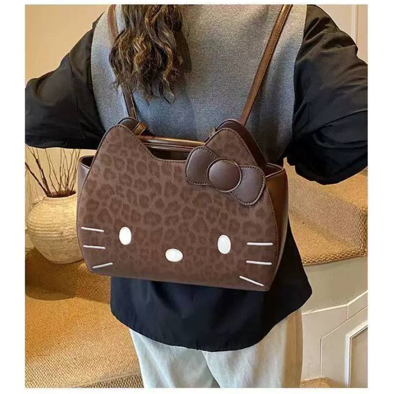 Hello Kitty Vintage Leopard Pattern Backpack With Pu Materialcompact Storage For Women